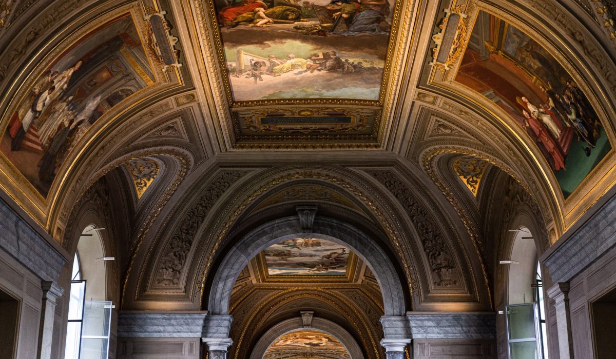 Vatican Highlights Tour 7 ROME, ITALY - JUNE 28, 2019: ceiling with ancient frescoes in vatican museum